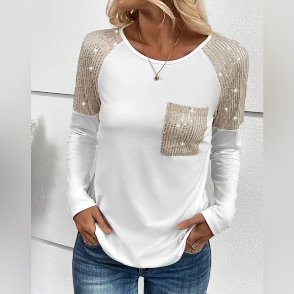 White/Gold Sequin-Embellished Raglan Sleeve Tee - Picture 3 of 8